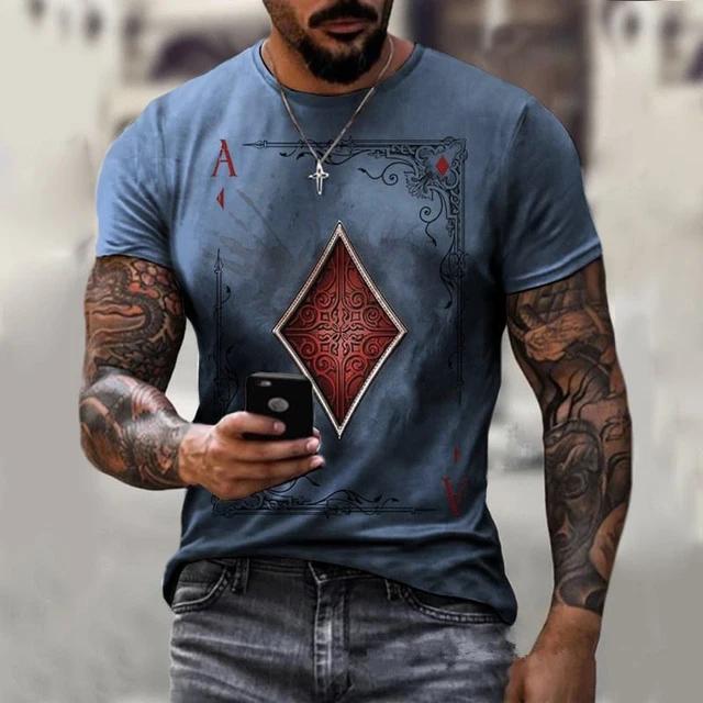 Men's Short-sleeved T-shirts Summer Casual Retro Hip-hop Style Round Neck Playing Card Pattern 3Dprinted  Oversized T-shirts