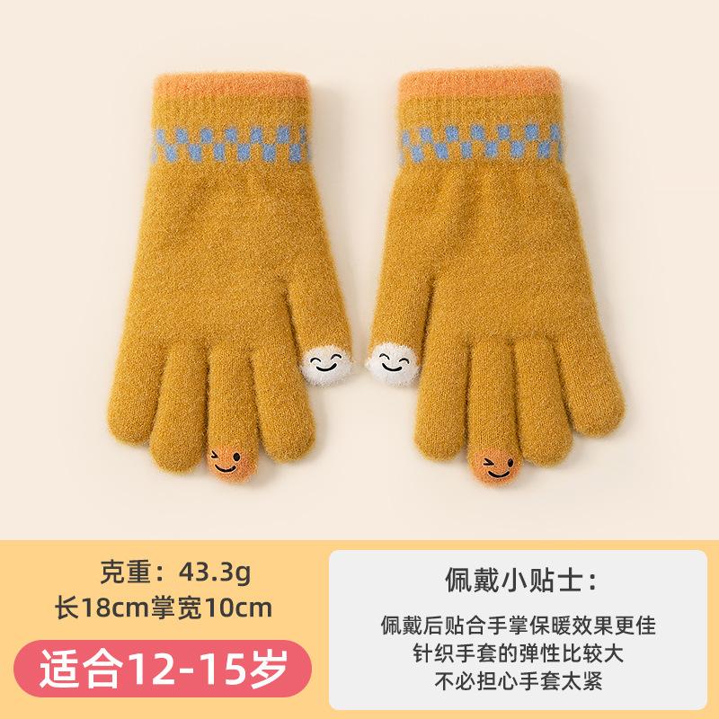 Cartoon Smiley Face Knitted Five-finger Thickened Warm Outdoor Cold-proof Cycling Men and Women Winter Full-finger Older Children's Gloves