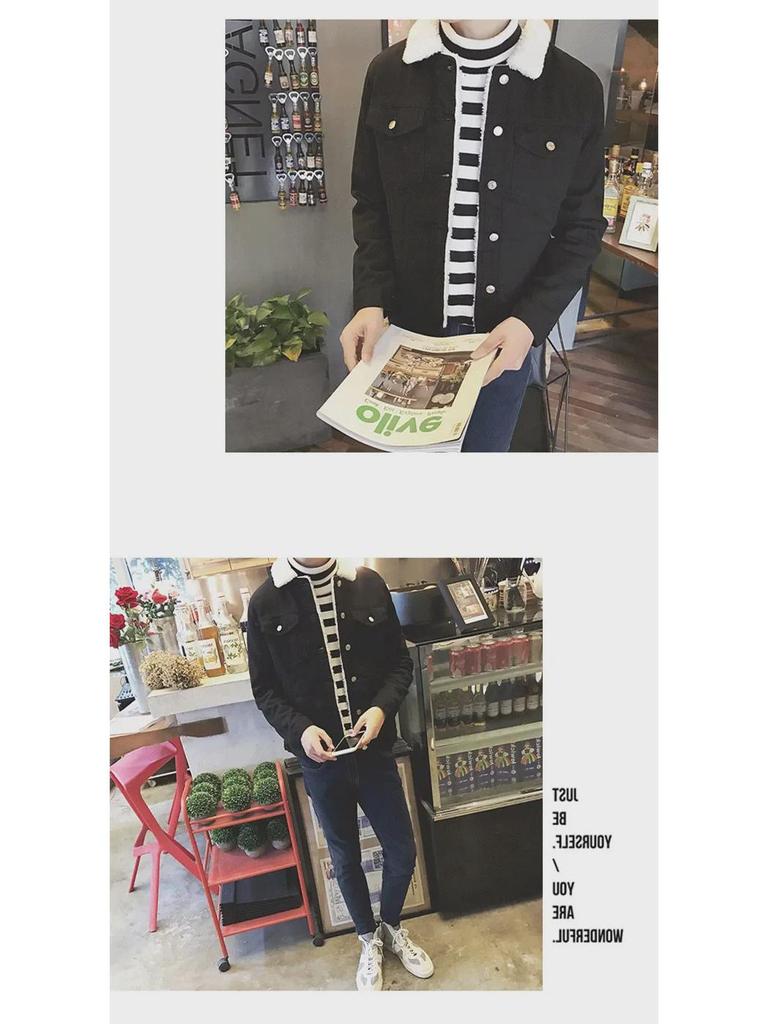 Heren Slim Fit Winter Denim Jas met Velvet en Lamswol Voering
