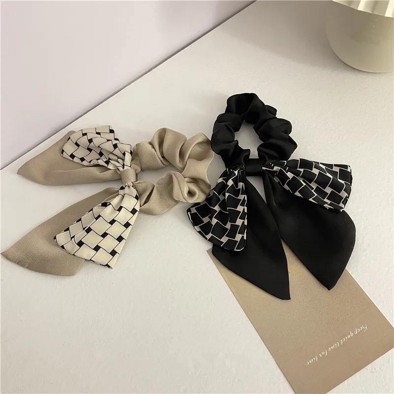 New Plaid Ribbon Hair Rings for Women Elegant Double Bow Headband Versatile Tie Hair Rubber Band Girl Hair Accessories
