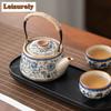 Blue and White Ru Kiln Enamel Colored Tea Set Complete Set Japanese Tea Ceremony Set Teapot and Tea Cup Set Tea Set Decoration