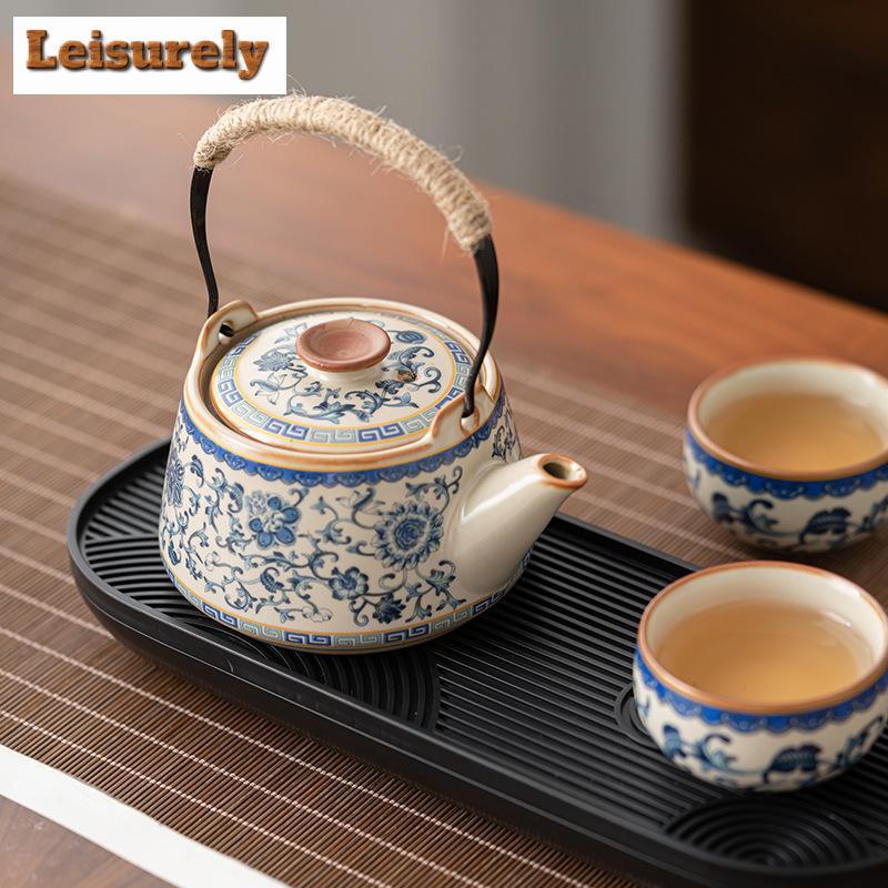 Blue and White Ru Kiln Enamel Colored Tea Set Complete Set Japanese Tea Ceremony Set Teapot and Tea Cup Set Tea Set Decoration