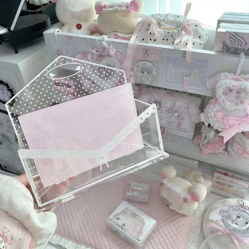 1pcs Polka Dot Envelope Series Acrylic Storage Rack, Lace Bow Multi-purpose Kawaii Organizer Tray For Collecting Merch & Desk