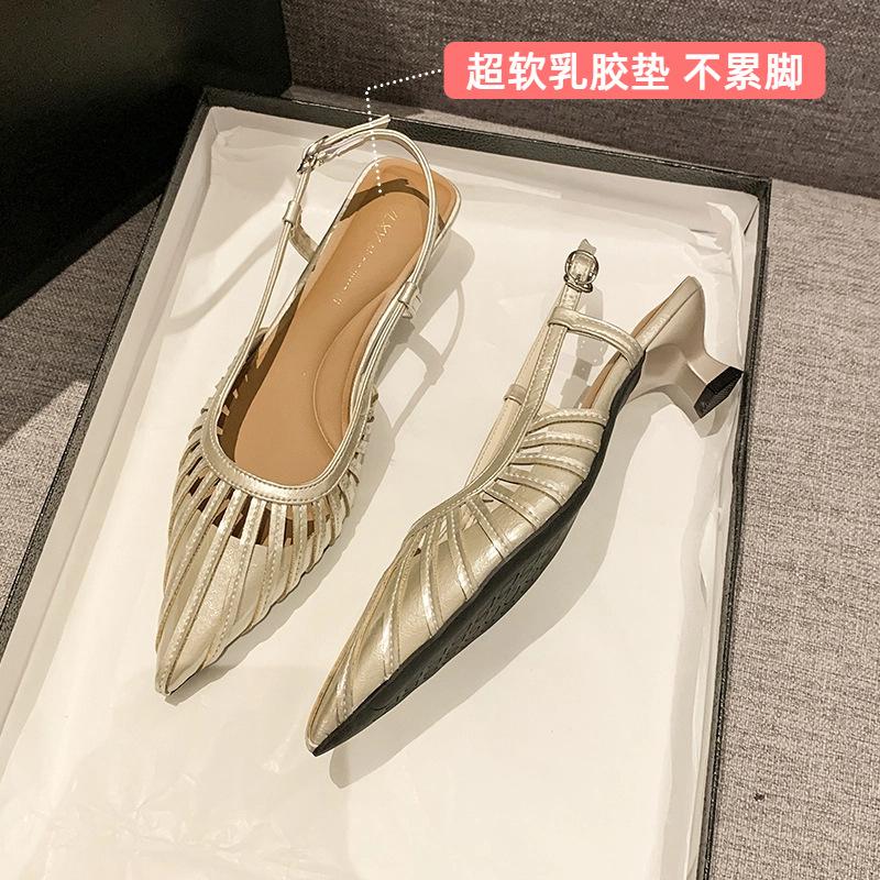 Baotou Sandals Thick Heel Low Heel Hollow Pointed Head Temperament Fashionable Versatile Niche Design Sense with Skirt Sandals