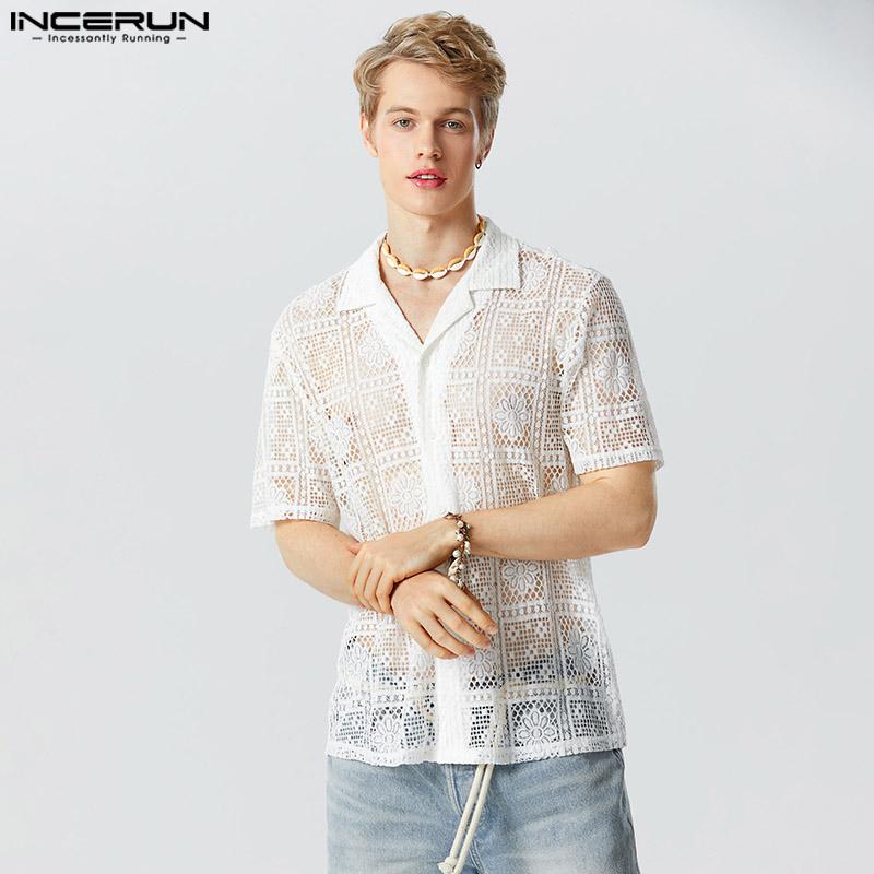 

INCERUN Мужские модные рубашки с короткими рукавами из кружевной сетки и прозрачной ткани