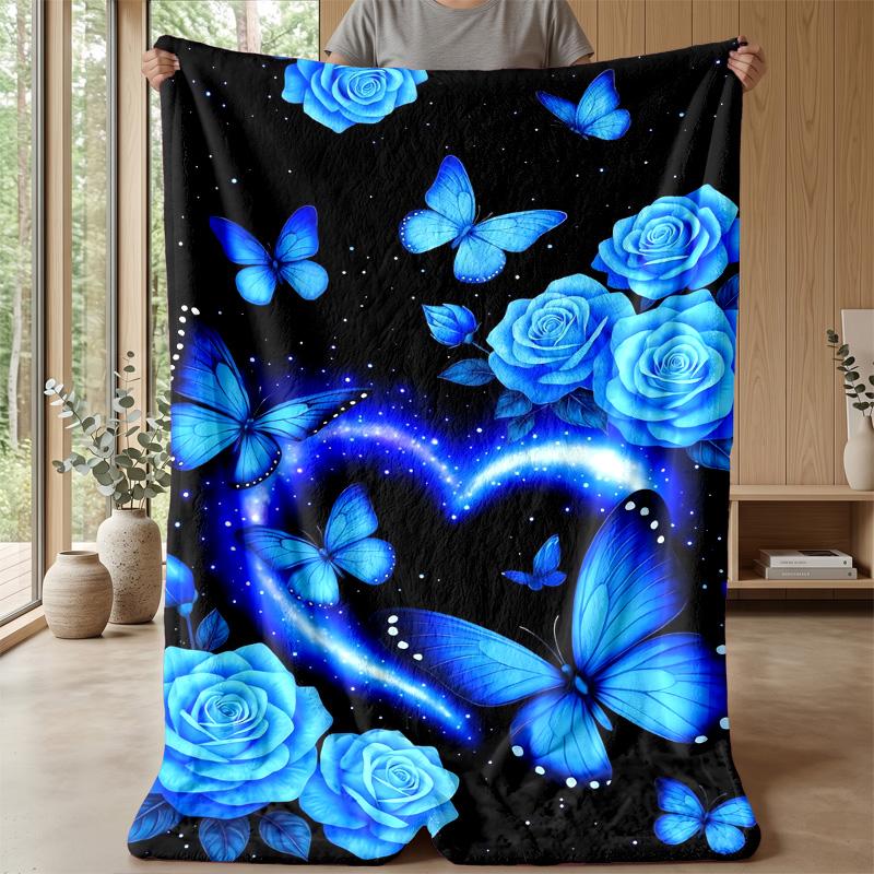 Blue Rose and Butterflies at Night blanket Personalized Name Flannel Blanket Soft Cozy Plush Throw for Sofa Bed Lightweight Home Decor