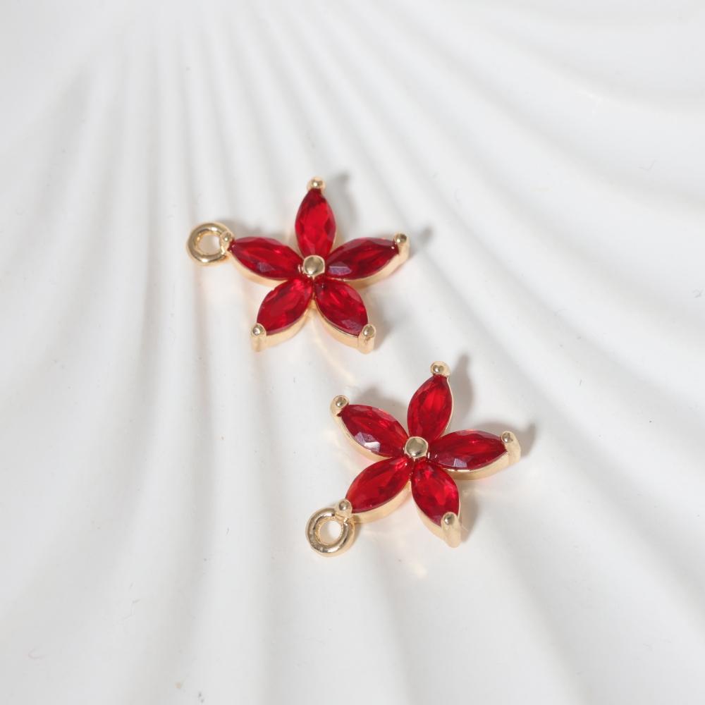 Pink Zirconia Flower Copper Charms, Golden Plated DIY Jewelry Pendants for Earring Necklace Craft