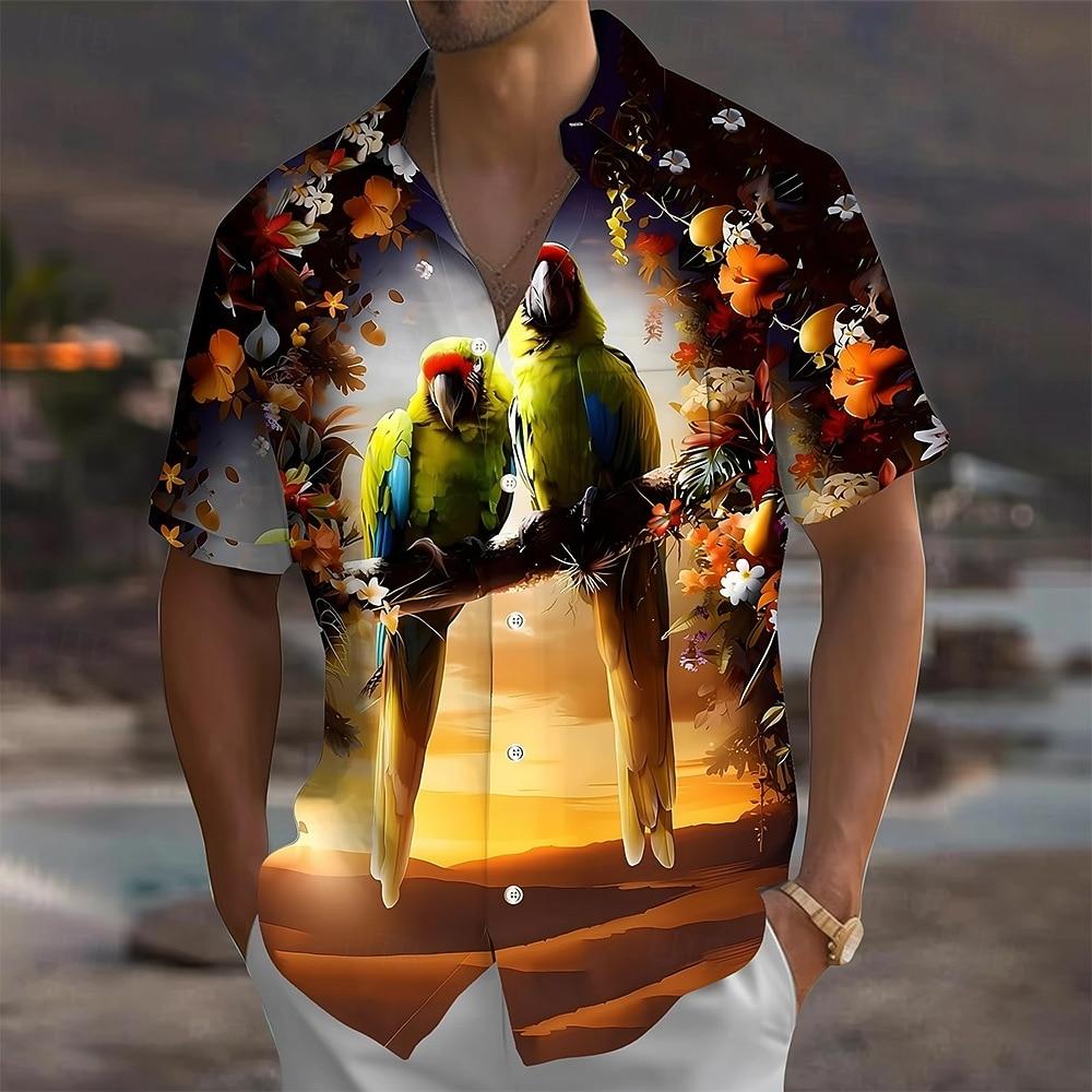 

Men s Parrot Tropical Plants Flowers Hawaiian Shirt, Short Sleeve Turndown Collar 3D Print Vacation Shirt S