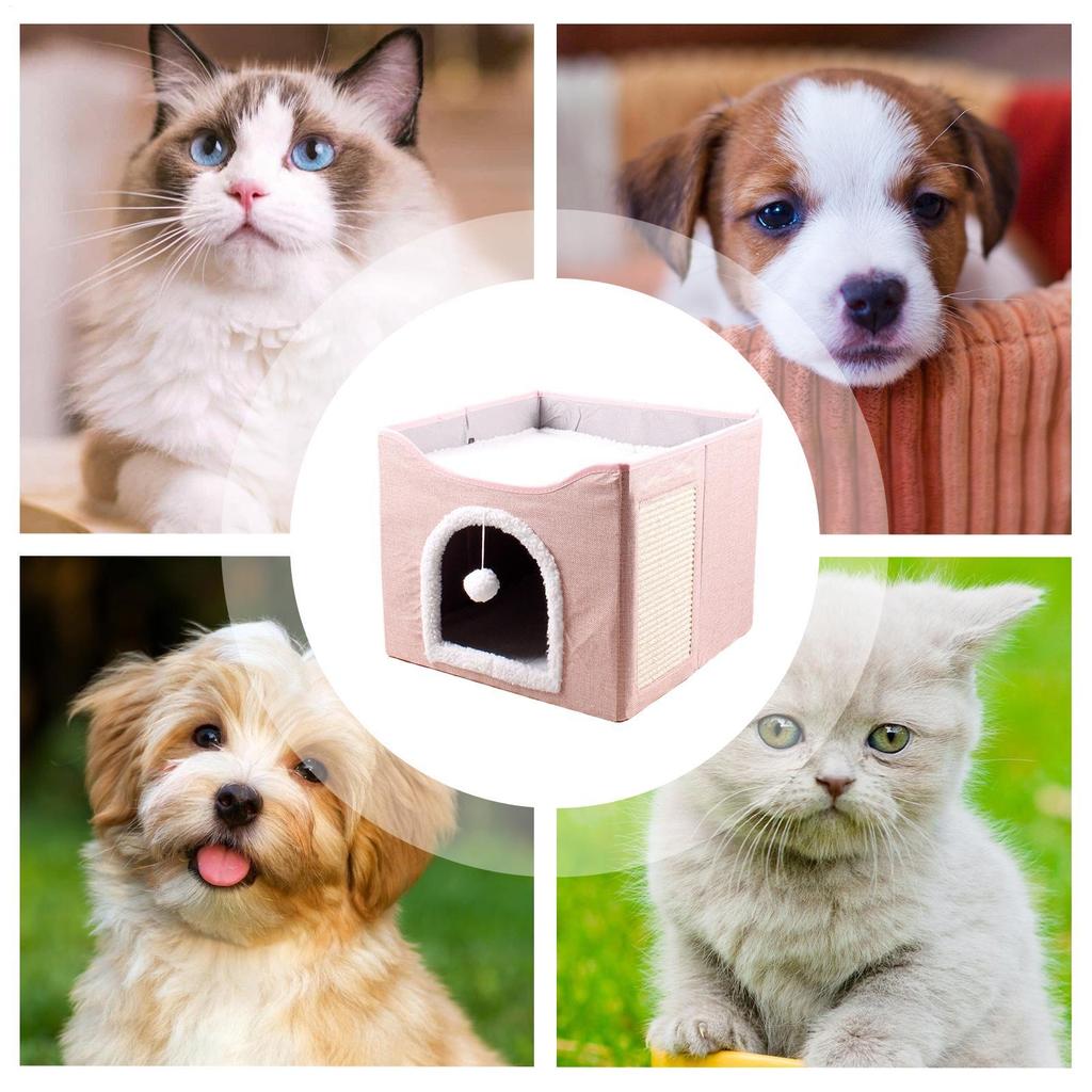 Cat House Bed Cave Foldable Cave Kitten House Cat Bed Sleeping Condo Cute Sleeping Tent Cube House With Plush Ball & Scratch Pad