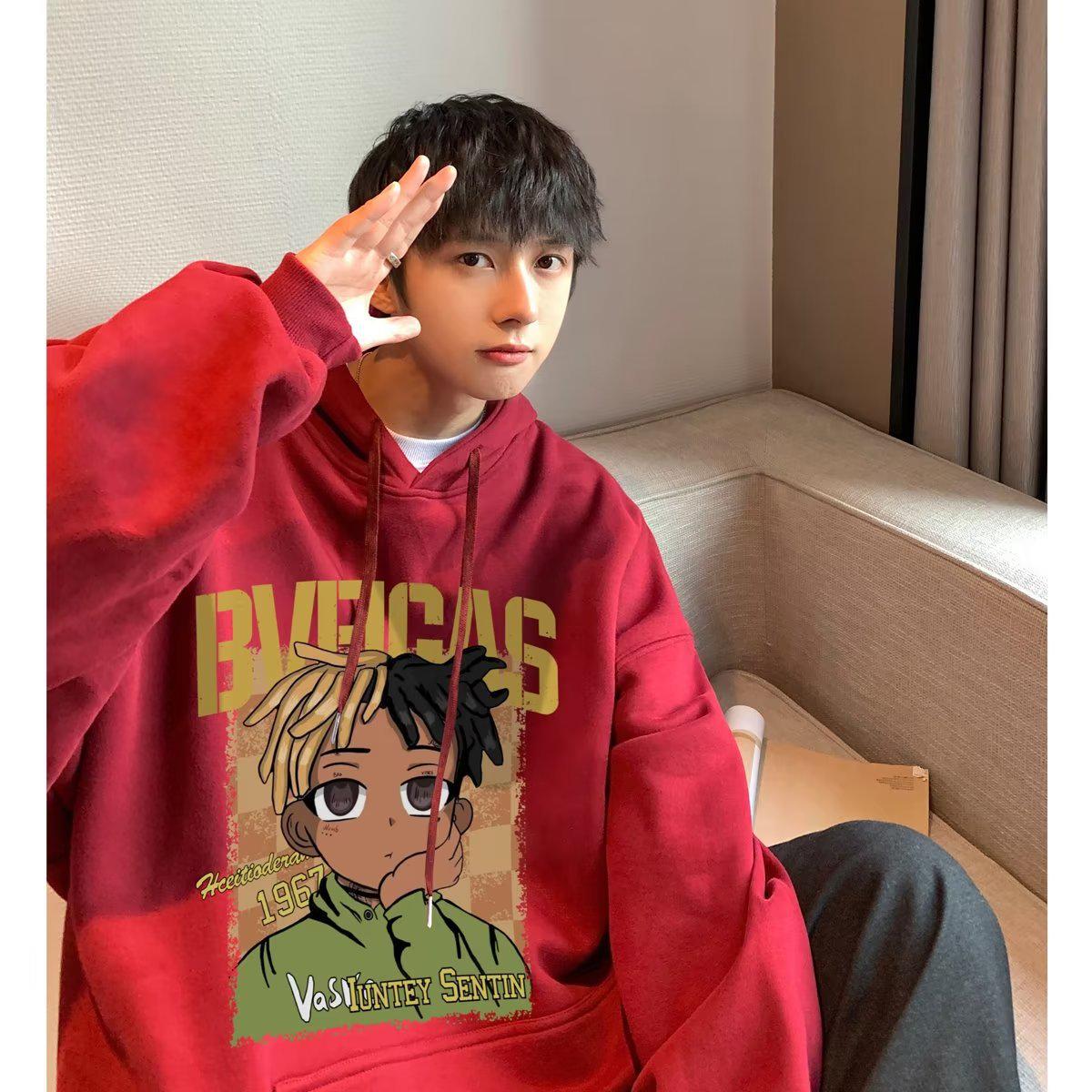 

Мужская толстовка с капюшоном из плотного материала — новинка осень/зима плюс бархат, модная, свободного размера. 4XL вино красного