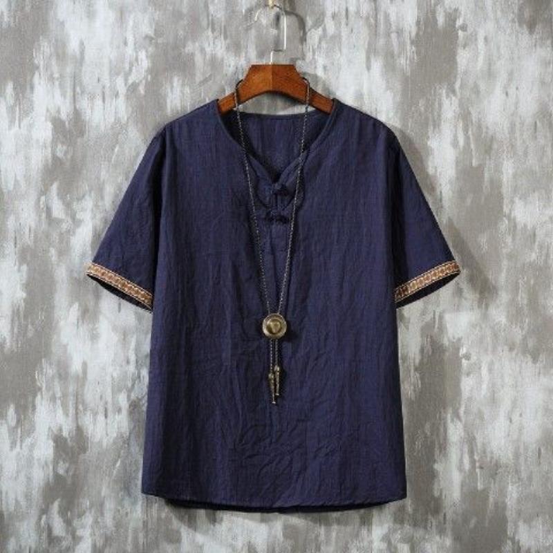 Linen T-shirt Men's Short-sleeved Loose  Chinese Style Men's Embroidered Thin Casual Disc Buckle Retro Cotton and Linen Top