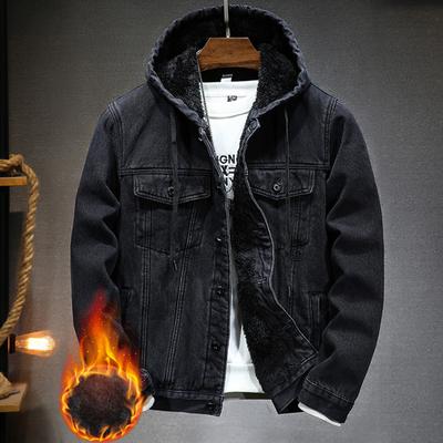 Men's  Hooded Plus Velvet  Denim Jacket  Autumn and Winter Retro Hooded Coat Windbreaker Thickened and Warm for Men