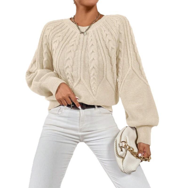 Womens Crew Neck Long Sleeve Knit Sweater Loose Fit Cable Solid Color Casual Winter Basic Top