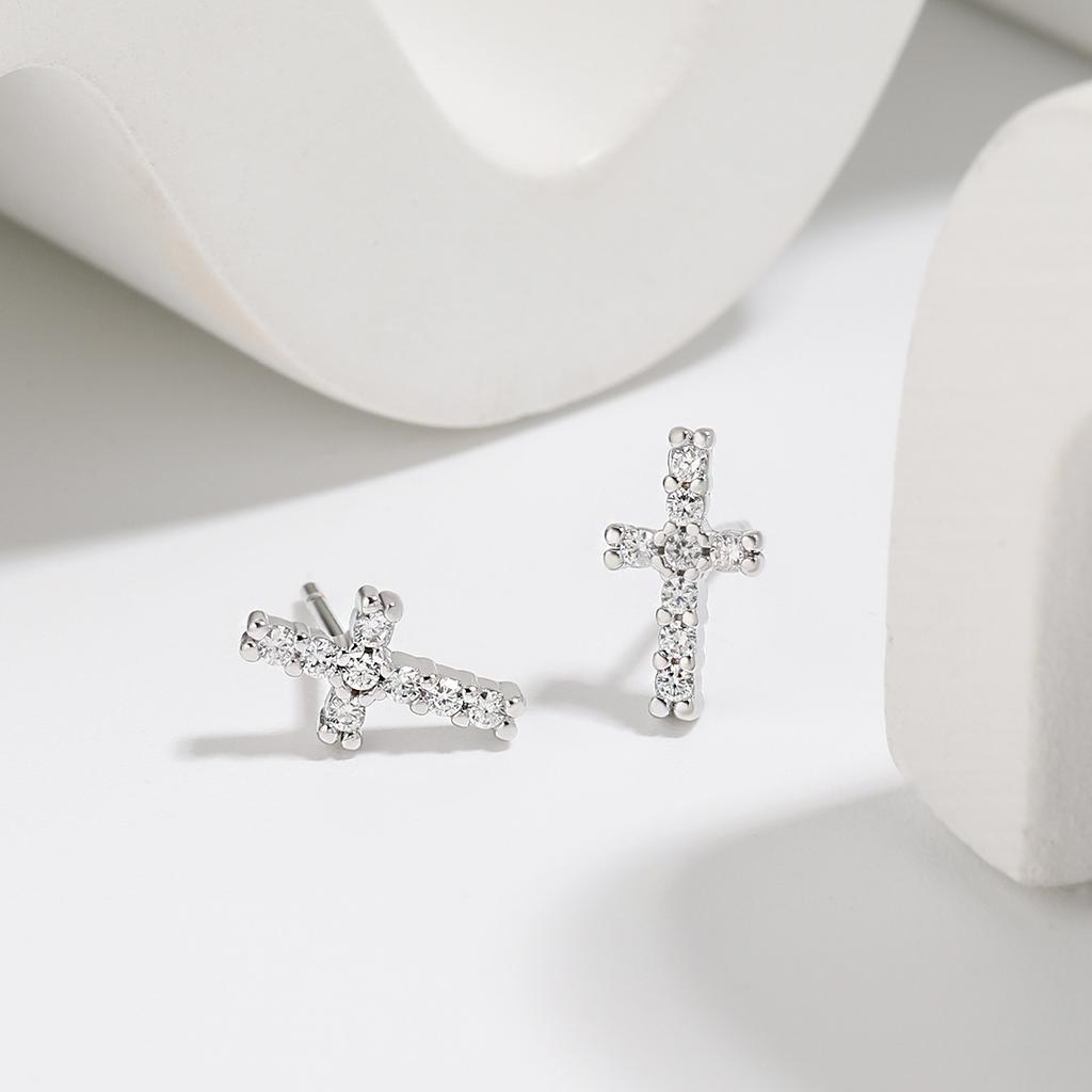 Puncture Anti-allergic Earrings, Japanese and Korean Version of Simple Mini Full Diamond Cross Earrings