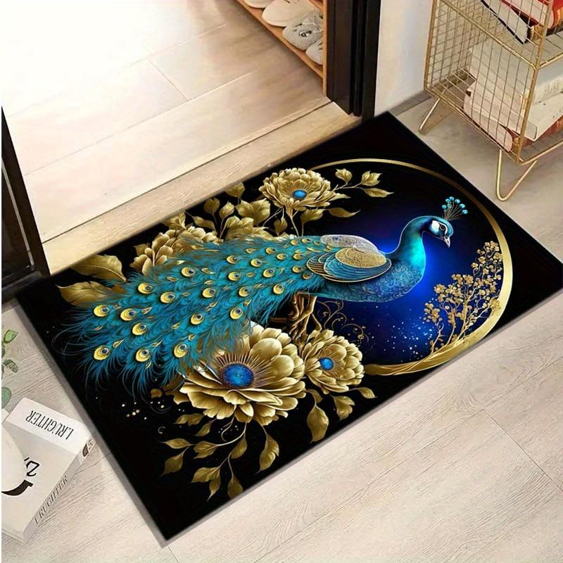 Luxurious Peacock & Floral Design Area Rug - Anti-Slip, Soft Polyester Floor Mat for Bedroom, Living Room, Office, and More