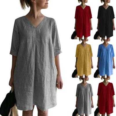 Fashion Round Neck T-Shirt Loose Seven Sleeve Comfortable Casual Solid Color A-Line Dresses