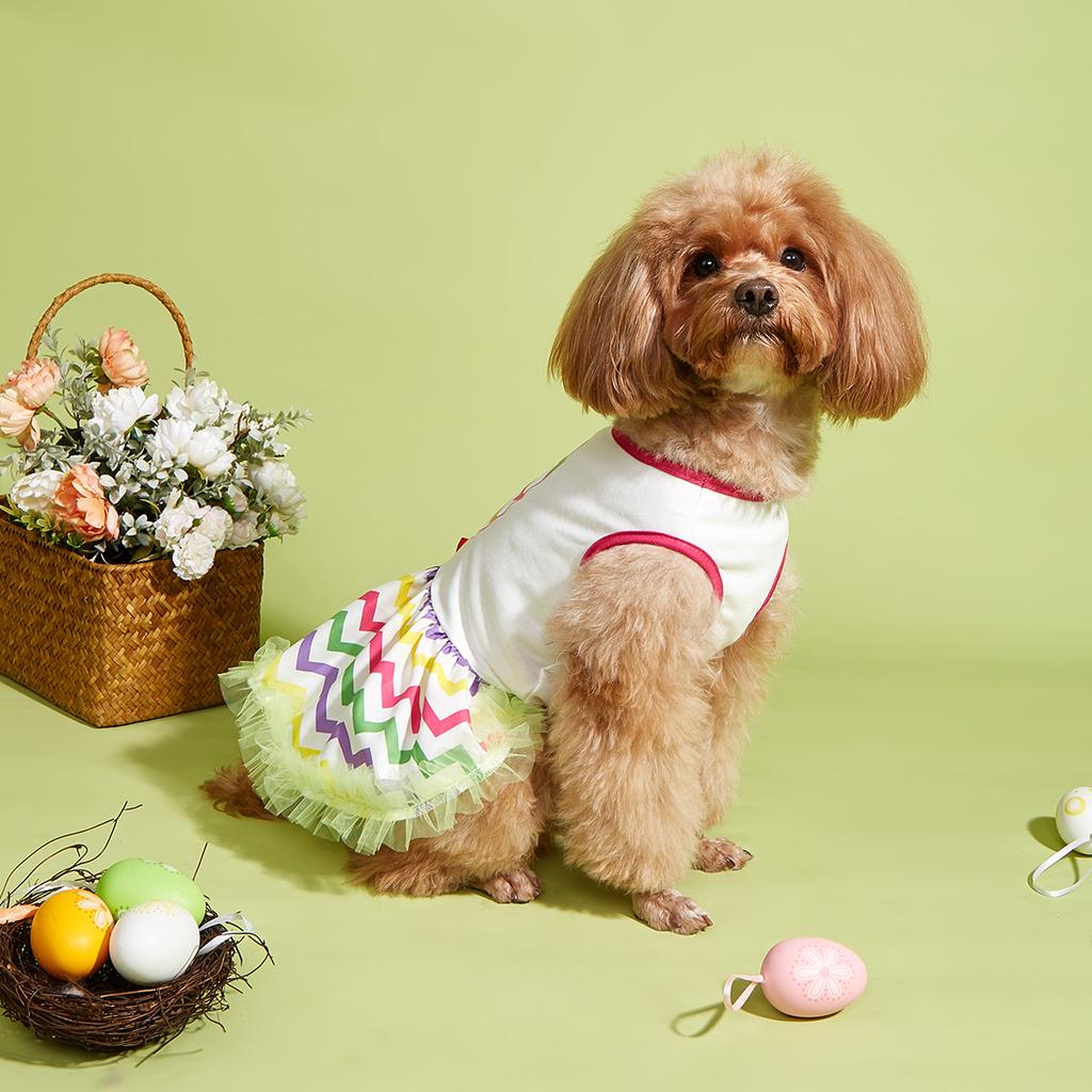 Easter Pet Dress with Colorful Egg & Bow, Rainbow Tulle Skirt, Elastic Waist, Cute Puppy Outfit, Fashion Small Dog Apparel