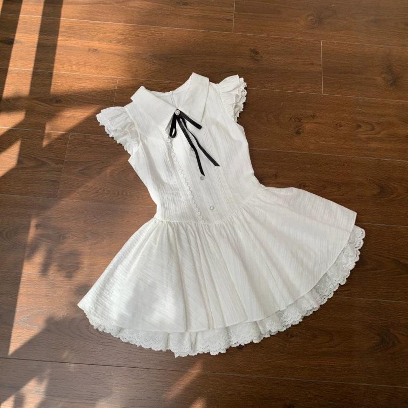 White gentle wind dress summer French white moonlight waist thin lace splicing flying sleeves princess tutu