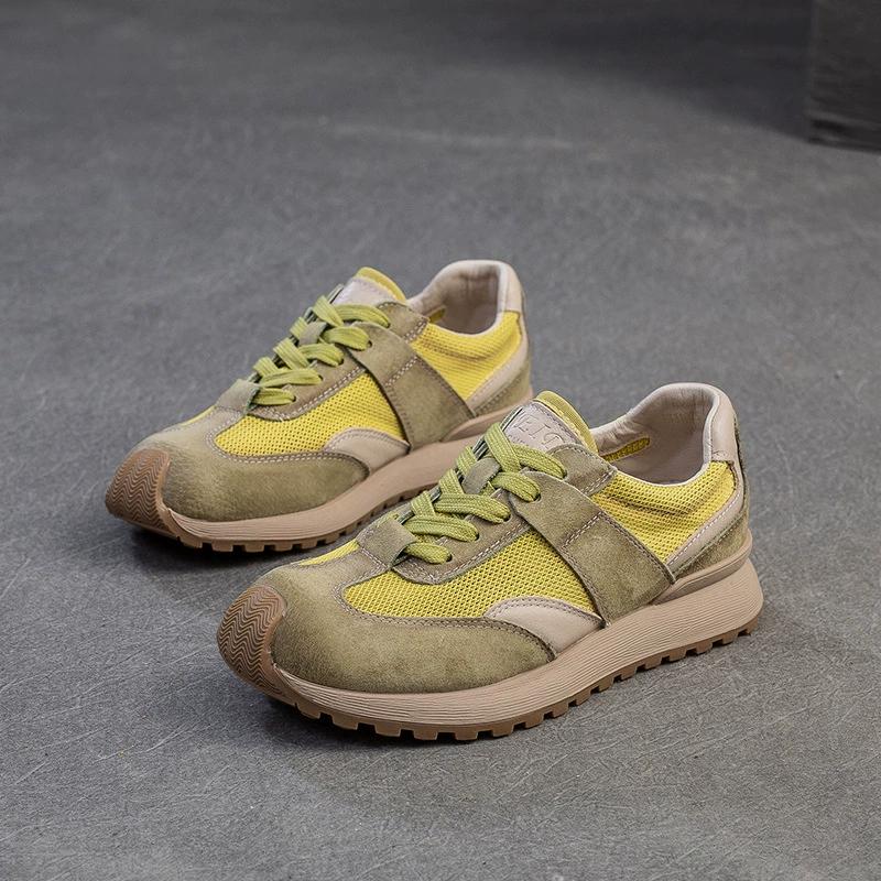 GKTINOO Genuine Leather Sneakers Women's Flat Shoes 2025 Spring/Summer New Breathable Mesh Lace-up Soft Sole Casual Sports Shoes