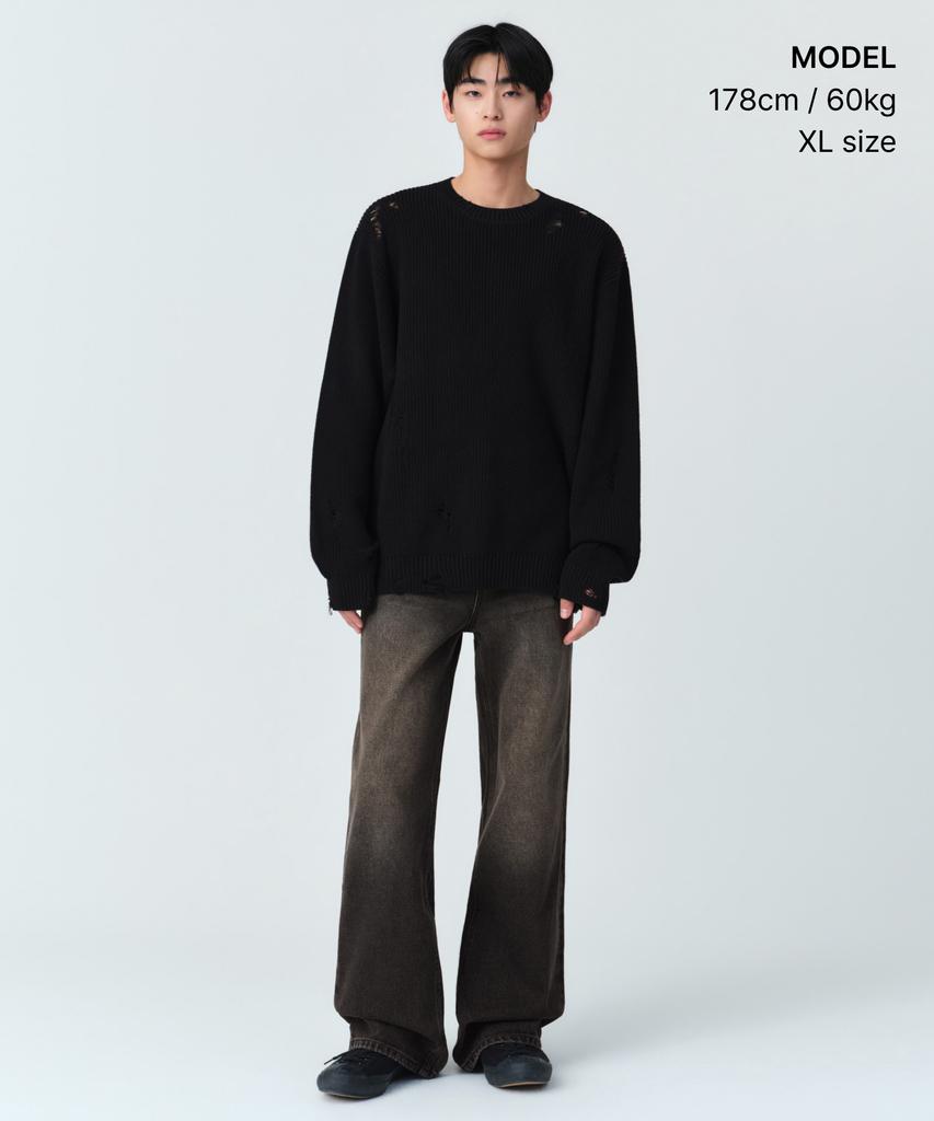 MUSINSA STANDARD Distressed Ribbed Knit [Black]