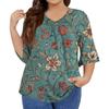 Women's Fashion Casual Retro Printed V-Neck Seven-Point Sleeve Ruffle Sleeve T-Shirt Tops Plus Size Women's