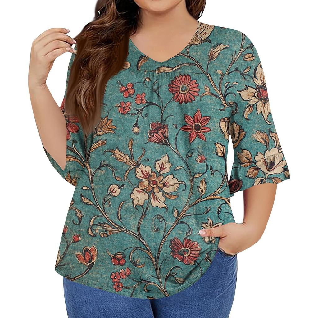 Women's Fashion Casual Retro Printed V-Neck Seven-Point Sleeve Ruffle Sleeve T-Shirt Tops Plus Size Women's