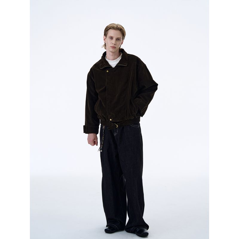 Kisko Design-Inspired Vintage Suede Diagonal Placket Stand Collar Unisex Autumn and Winter Trendy Brand Cool Silhouette Vintage Jacket