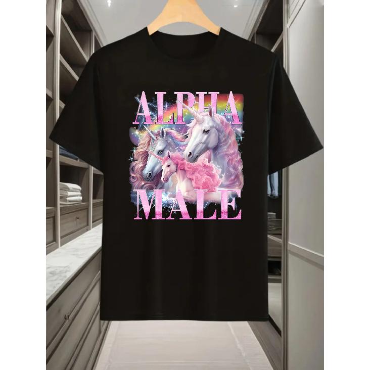 Men's Alpha Male Unicorn Funny T-Shirt - Satirical "AMU" Print Retro Graphic Tee, Casual Short Sleeve Shirt with Comfortable Breathable Fabric for