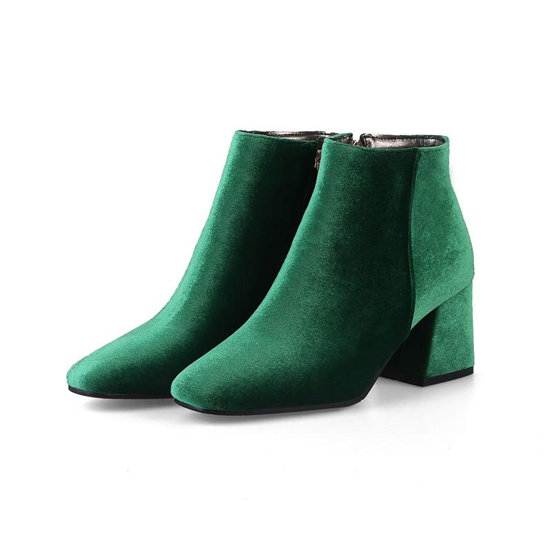 Brand Velvet Women's Ankle Boots Winter Fashion Short Boot Thick Medium Heels Short Party Shoes Large Size 48 Black Red Green