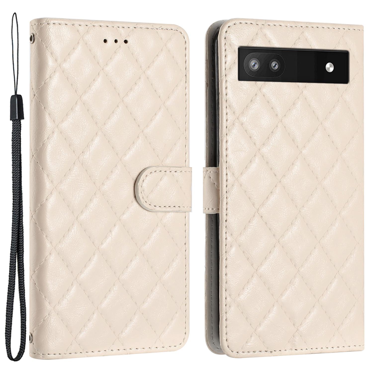 

For Google Pixel 7a PU Leather Wallet Phone Case Stitching Line Rhombus Flip Stand Protective Cover White