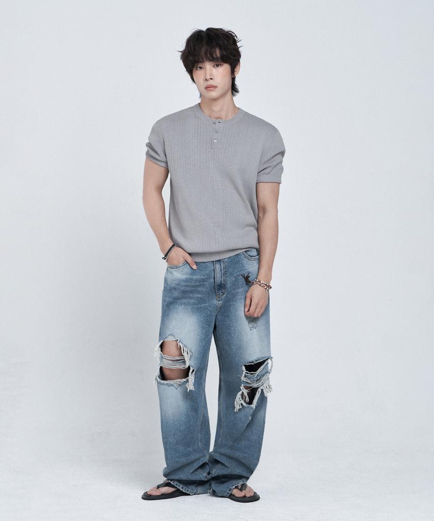 LEMAIN SECOND Classic Henley Neck Washable Short Sleeve Knit [Gray]
