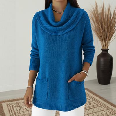 Herbst Winter Einfarbig Gestapelter Kragen Langarm Bequem Lässig Pullover mit Tasche für Damen mit Tasche Tops
