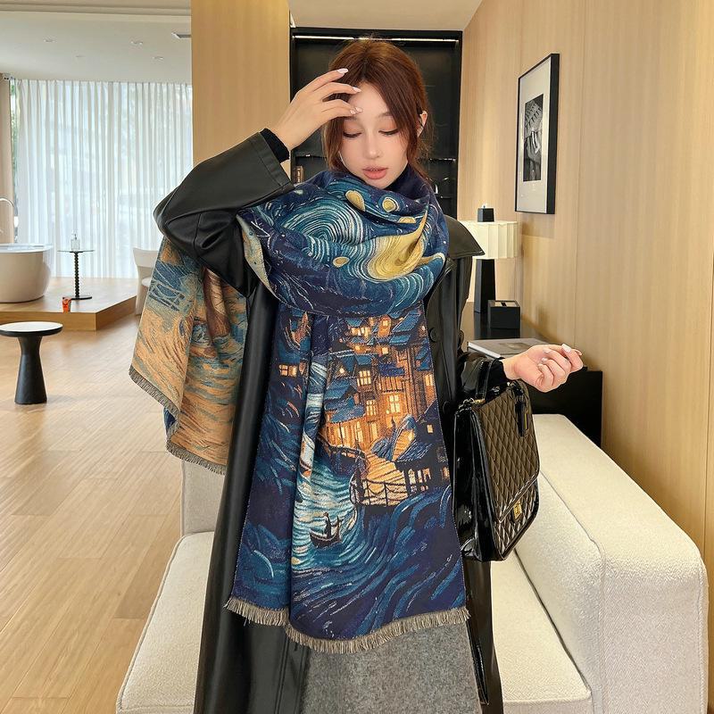 Ethnic Style Landscape Oil Painting Scarf - Autumn/Winter Fashion for Female Students, Warm Imitation Cashmere Shawl
