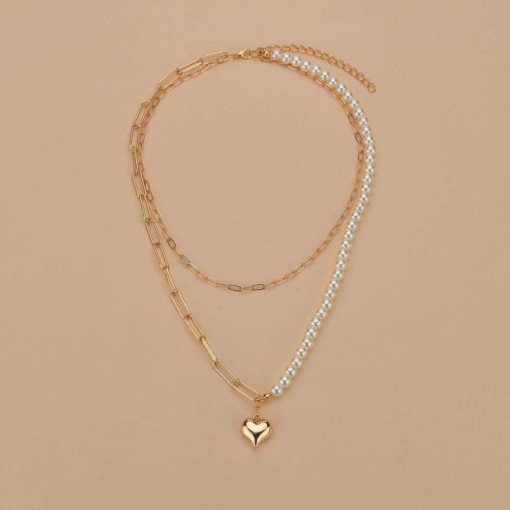 Gold Love Chain Pearl Splicing Double Stacked Necklace Ins Cold Wind Collarbone Chain Necklace