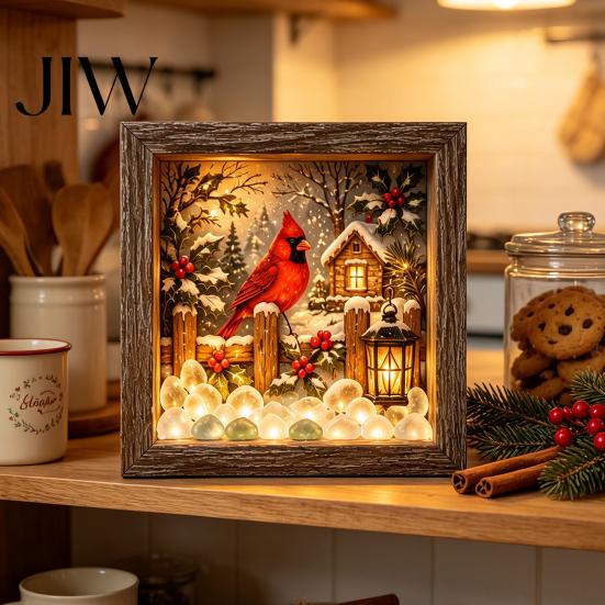 Winter Birthday Present Christmas Snowy Night Light Picture Frame, Vintage Wooden Frame 3D Mini Retro Wood Photo Landscape Lamp, Desktop Atmosphere