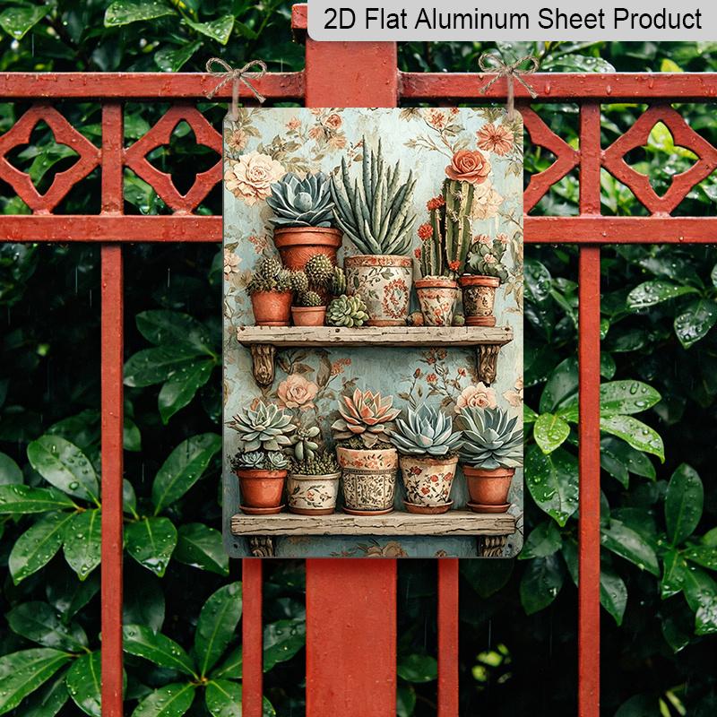 2D Flat, Vintage Succulent Shelf Aluminum Sign - Retro Cactus Wall Decor Plant Shop, Greenhouse, Boho Home, Living Room, Office, Garden Decor