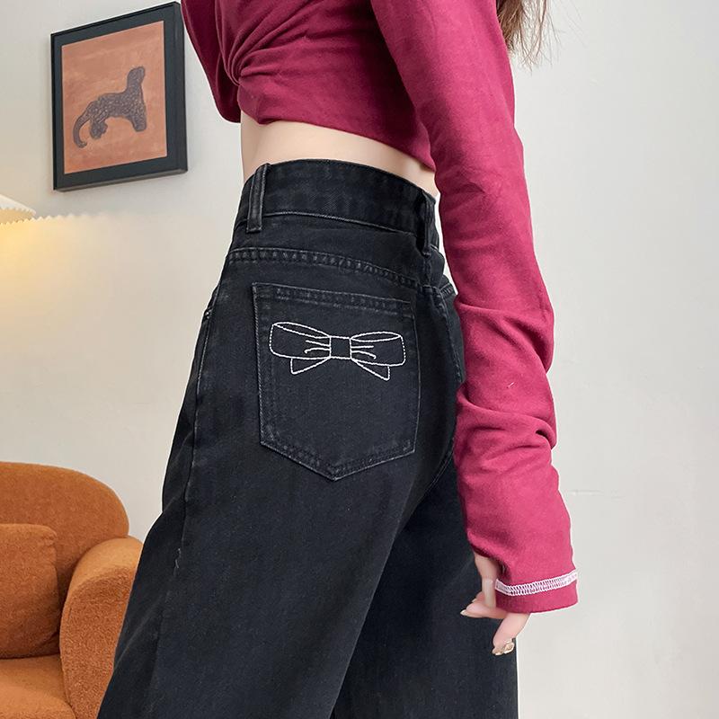 Black and Gray Wide-leg Jeans for Women In Spring and Autumn New Embroidered Design High-waist Loose Slim Straight-leg Mopping Pants