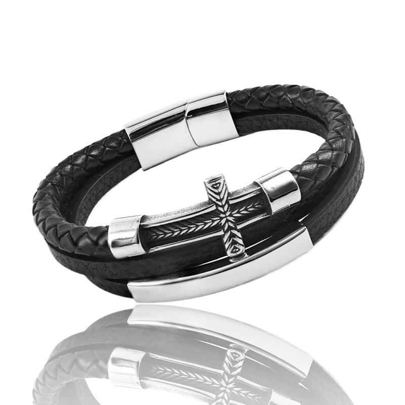 Charm Cross Braid Pattern Leather Woven Stainless Steel Bracelet Magnetic Buckle Rope Woven Bracelet Men s Jewelry Gifts 20.5cm