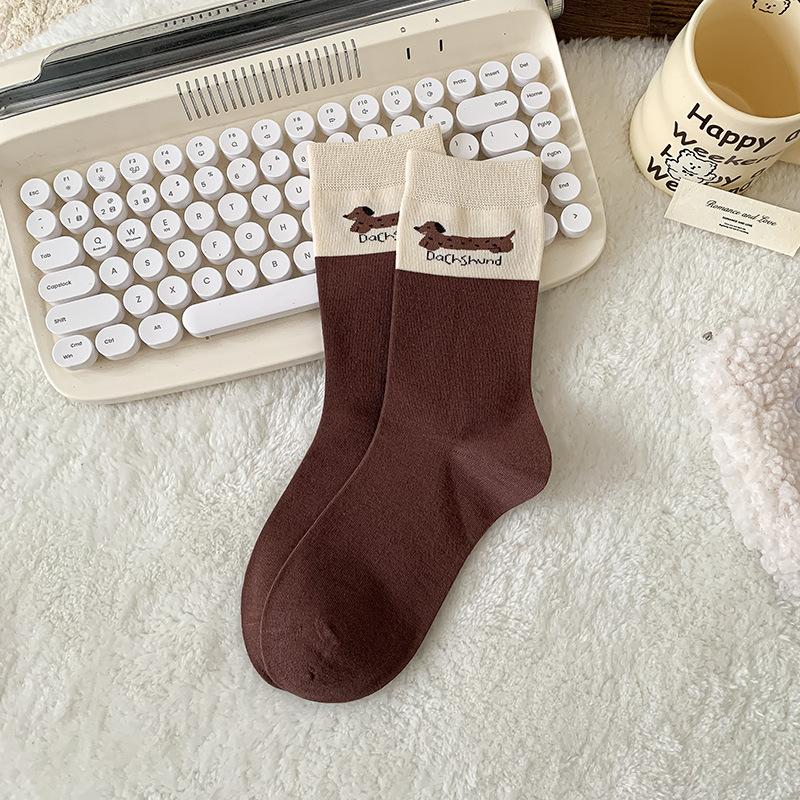 Female Spring and Autumn Spell Color Cartoon Cute Dachshund Dog Polka Dot Striped College Wind Cylinder Pile Socks