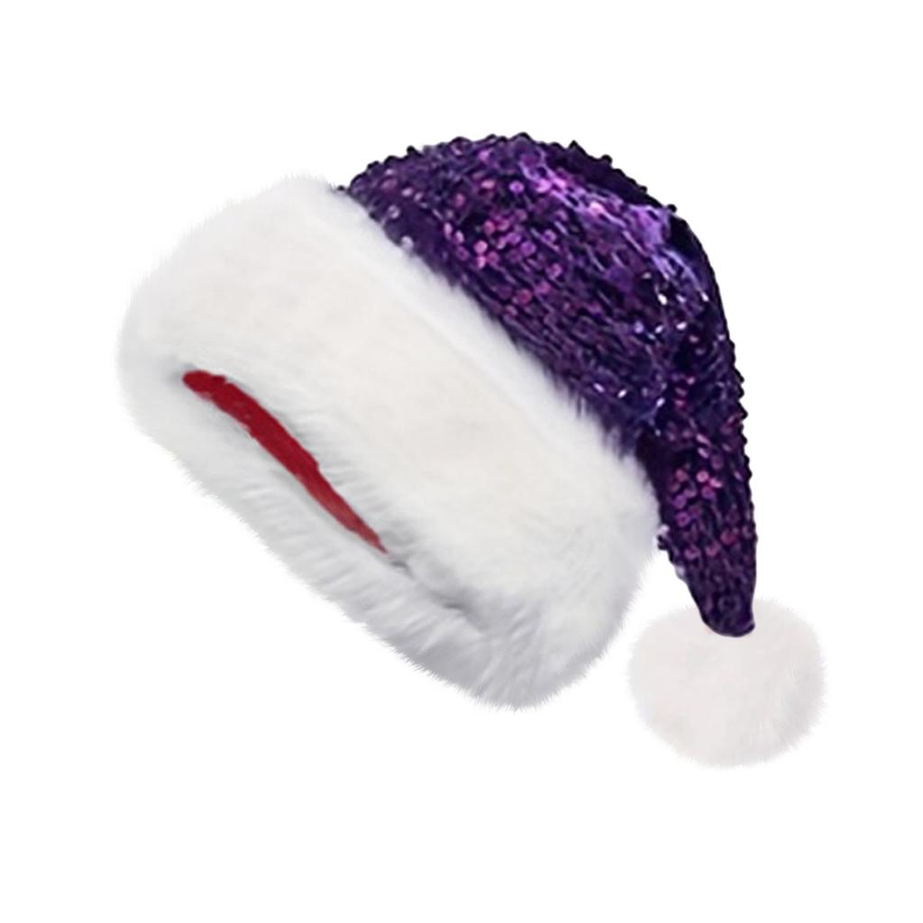 1PC Double-layer Sequined Christmas Hats Christmas Decorations Sequin Plush Hat Plush Thickened Christmas Cap with Fluffy Pompom