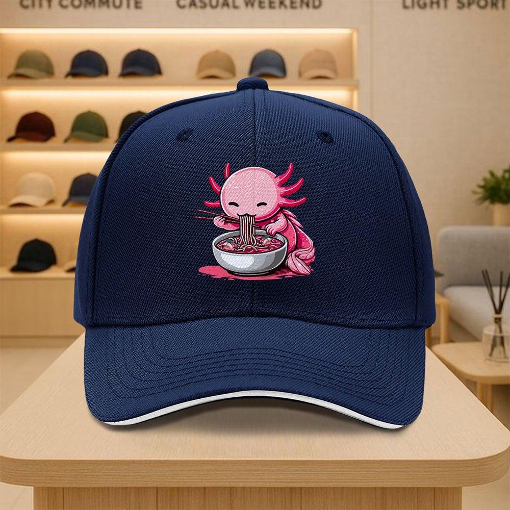Cute Axolotl Eating Ramen Noodle Baseball Cap Funny Pink Amphibian Graphic Adjustable Polyester Hat Casual Outdoor