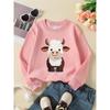 Girls' Crewneck Sweatshirt - Cute White Cow with Brown Horns And Machine Washable, Spring And Autumn