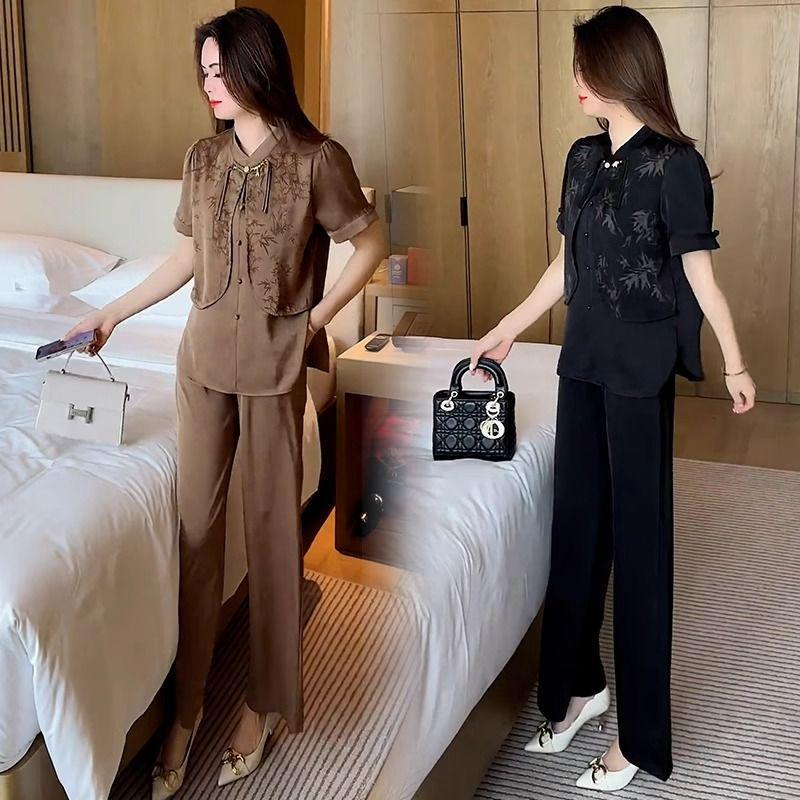 

2025 Summer Women s Chic Two-Piece: Short Sleeve Shirt & Wide Leg Pants M (Up to 100 Jin)