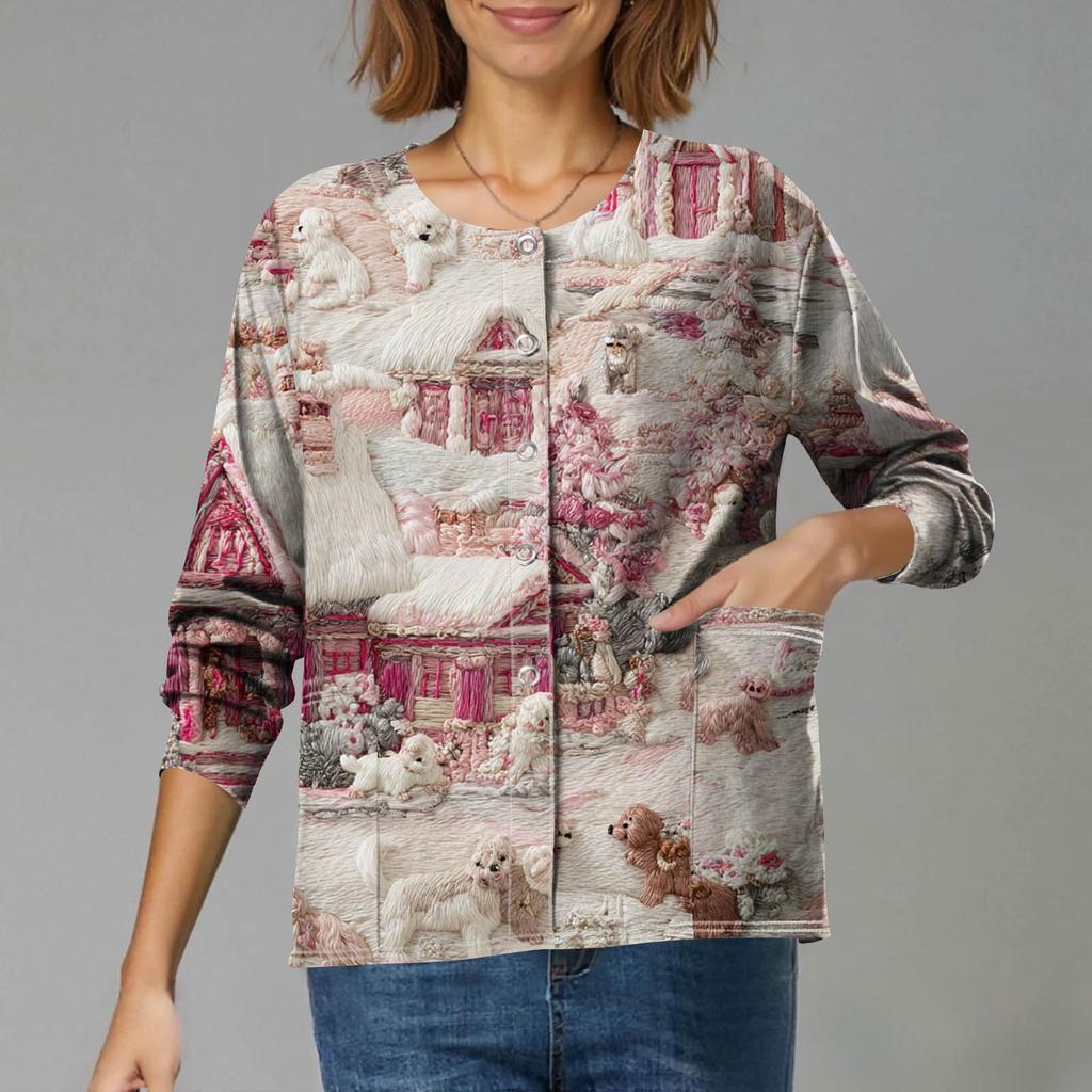 Women's Casual Long-Sleeved Single-Breasted Christmas-Themed Print  Cardigan