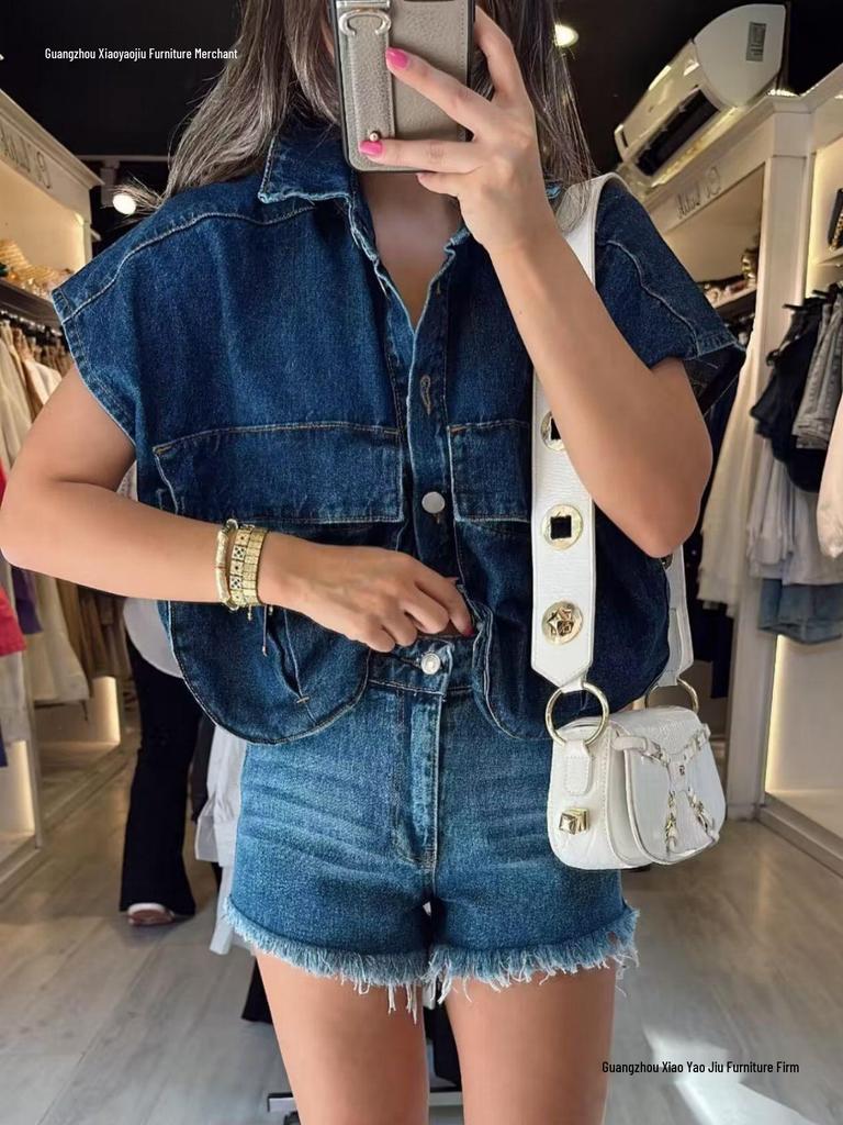 Women's Patchwork Irregular Polo Collar Denim Cardigan Top