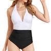 2025 Stylish European & American High-Waisted Backless Color Block One-Piece Swimsuit