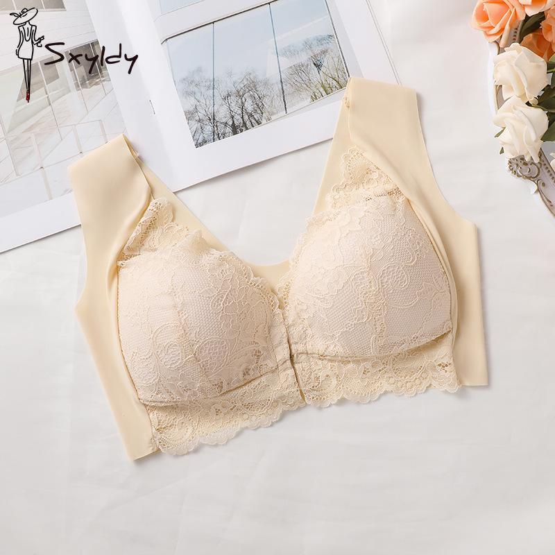 Large Size Front Buckle Seamless Lace Bra for Women Fixed Cup Underwear Gather Up Vest Bra
