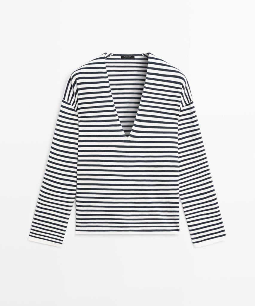 Masimodutti Striped V-Neck Knit Sweater