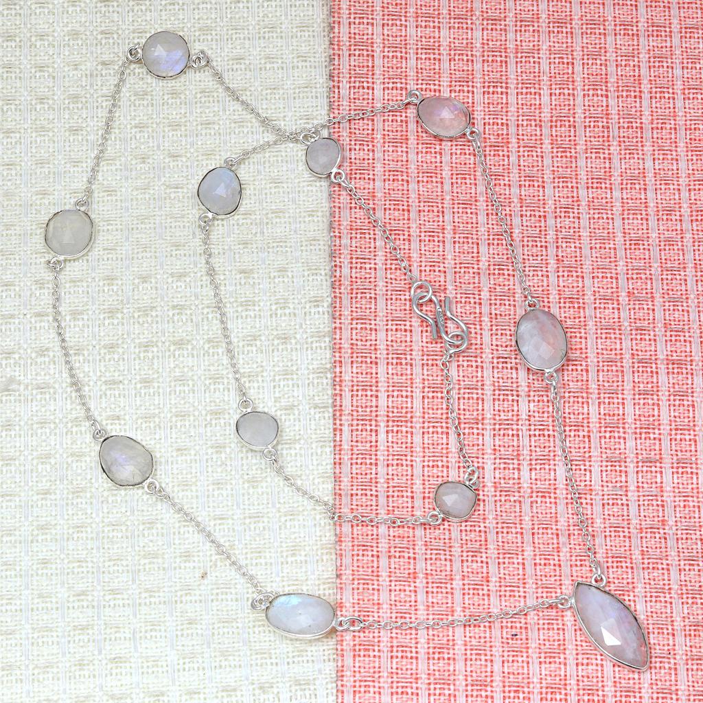 Necklace Moonstone Feceted Gemstone HandmadeAntique Silver Jewelry 35''