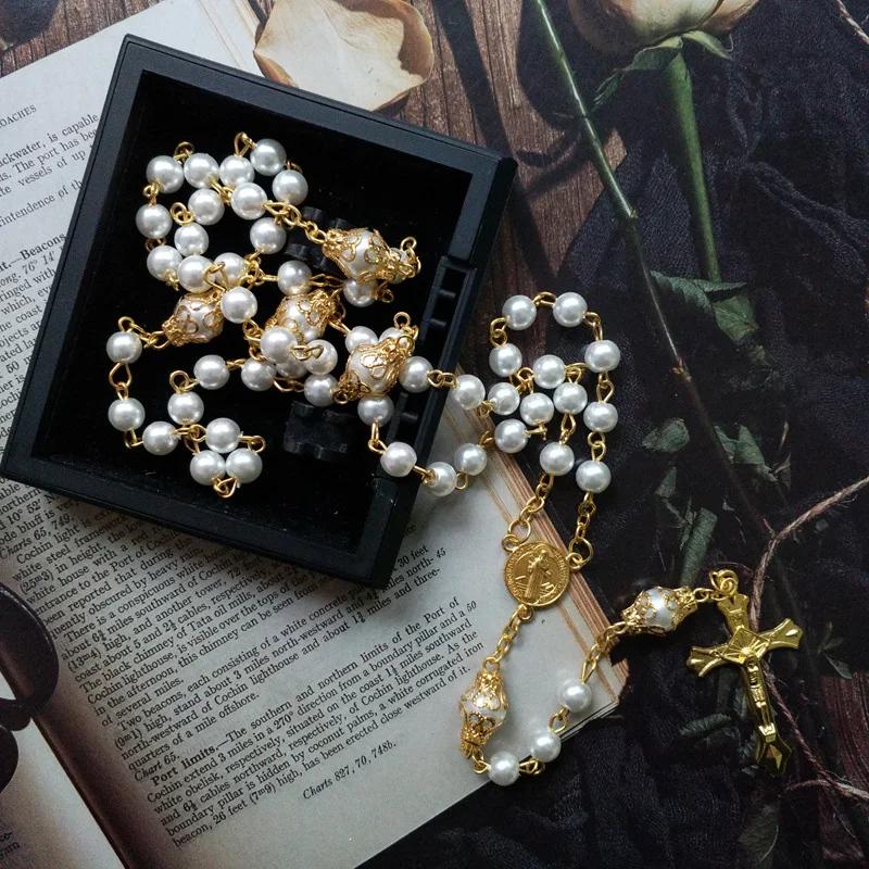 Religious Five Blessed Rosary Necklace Prayer Beaded Chain Chaplet Saint Benedict Medal Crucifix Cross Y-Necklace Jewelry